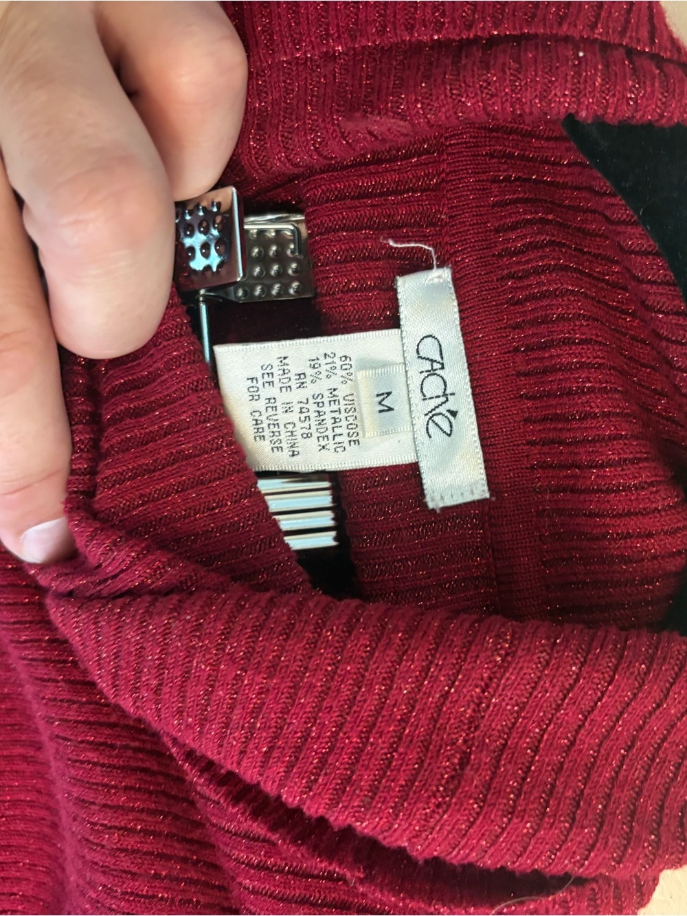 Cache Red Ribbed Metallic Cowl Neck Sweater